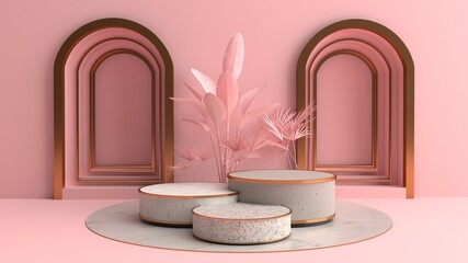3D rendering of Round marble Pedestal, and pink walls with circular arches.Podium for display product on the pink floor can be used for advertising Isolated on pink background, illustration.