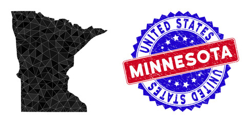 Minnesota State map polygonal mesh with filled triangles, and unclean bicolor seal. Triangle mosaic Minnesota State map with mesh vector model, triangles have variable sizes, and positions,