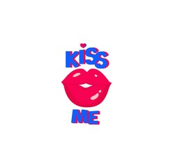 Love themed pop art style cartoon for comics book, social media banner for Valentines day with sexy hot rose colored lips and kiss me lettering