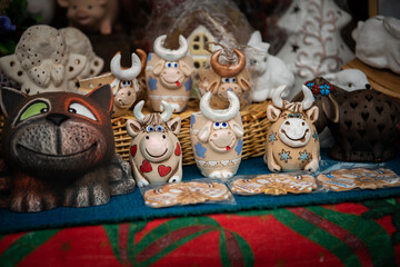 Beautiful New Year and Christmas toys at the fair in Kiev Ukraine, national traditional decorations and decor