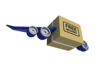 3D Illustration Box with 
Aircraft wing and Jet engine for fast delivery service on white...