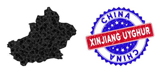 Xinjiang Uyghur Region map polygonal mesh with filled triangles, and rough bicolor stamp seal. Triangle mosaic Xinjiang Uyghur Region map with mesh vector model, triangles have different sizes,