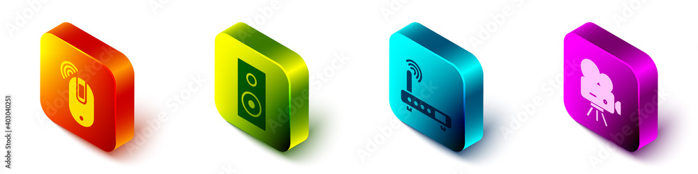 Poster set isometric wireless computer mouse, stereo speaker, router and wi-fi signal and retro cinema came