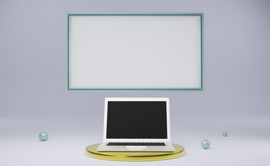 podium with computer laptop and frame in gray composition for modern stage display and minimalist mockup ,abstract showcase background ,Concept 3d illustration or 3d render