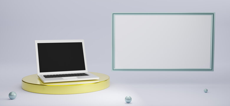 podium with computer laptop and frame in gray composition for modern stage display and minimalist mockup ,abstract showcase background ,Concept 3d illustration or 3d render