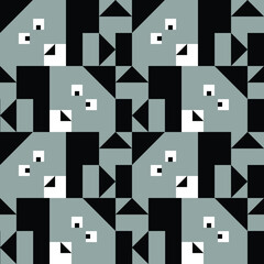 Seamless vector pattern with square rabbits on black background. Geometrical animal wallpaper design for children. Simple bunny fashion textile.