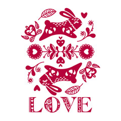 Abstract folk composition with animals, birds and flowers