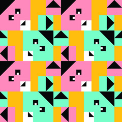 Seamless vector pattern with geometrical bunny on yellow background. Cute baby rabbit wallpaper design for children. Square animal fashion textile.