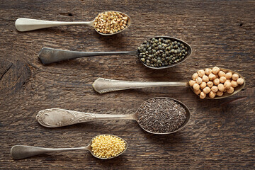 Obraz na płótnie Canvas Seeds and legumes - millet, chia, chickpeas, lentils and buckwheat on five vintage spoons, top view