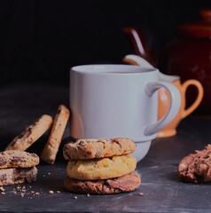 Choc chip cookies with cup of tea.