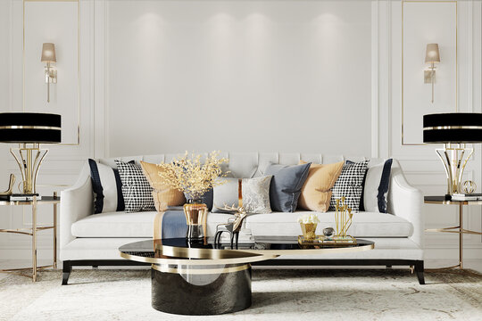 Luxry living room interior with white sofa and pillows, 3d render