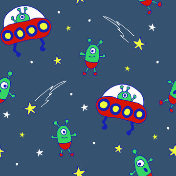 Seamless vector pattern with aliens on grey background. Simple cartoon UFO wallpaper design for children. Decorative space fashion textile. © Randmaart