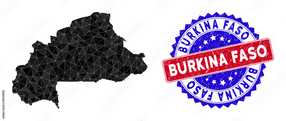 Poster burkina faso map polygonal mesh with filled triangles, and scratched bicolor rubber seal. triangle m