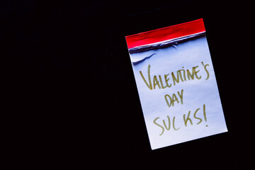 Small notebook with a red border on a black background with Valentine´s day sucks! written