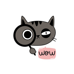 cute gray cat with magnifier, sticker cartoon vector, lettering