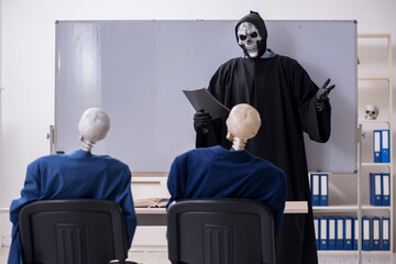Funny business meeting with devil and skeletons