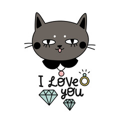 cute gray cat in clothes, sticker cartoon vector, lettering about love