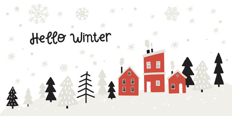 Fototapeta na wymiar vector hello winter forest christmas trees houses postcard template background