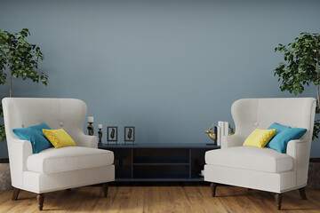Luxry living-room with classic armchair in front of the blue wall, 3d render