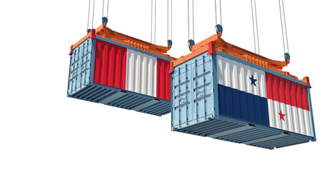 Freight containers with Peru and Panama national flags. 3D Rendering 