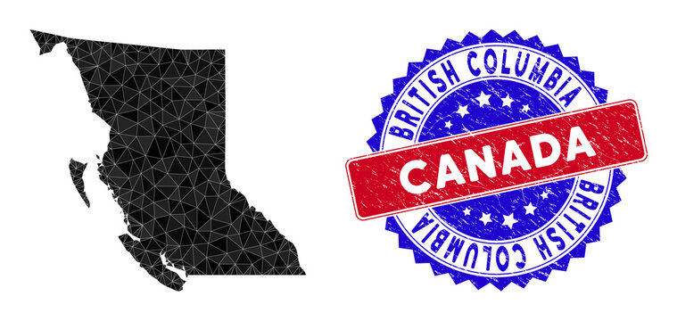 British Columbia Province map polygonal mesh with filled triangles, and grunge bicolor stamp. Triangle mosaic British Columbia Province map with mesh vector model, triangles have randomized sizes,