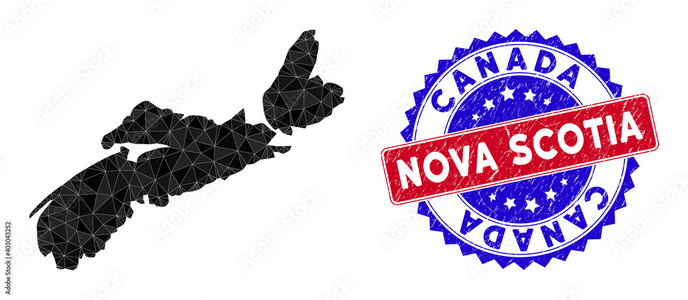 Poster nova scotia province map polygonal mesh with filled triangles, and rough bicolor stamp seal. triangl