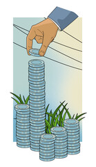 Obraz premium Man's hand lays down the columns of blue chips. Investments. Illustration