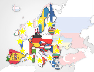3D Karte von Europa mit Flaggen Staaten, EU Staaten stärker dargestellt und EU Sternen