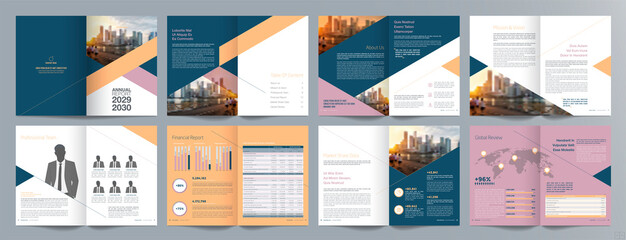 Corporate business presentation guide brochure template, Annual report, 16 page minimalist flat geometric business brochure design template, A4 size.