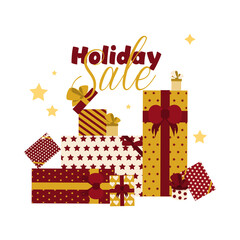 Web square banner. Colorful red and gold Pattern Gift Box with Ribbon and Bow for holidays sale time. Valentine's day, anniversary, women's holidays, mother's day.