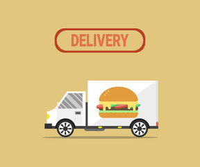 Vector illustration of van free and fast delivering burger.