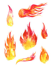 Different fire flames. Hand drawn watercolor set. Isolated illustration on white background