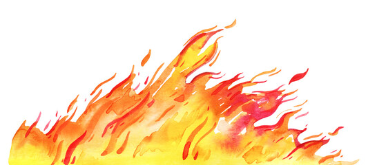 Watercolor fire on the bottom of the page. Template with hand drawn flames. Isolated sketch illustration on white background