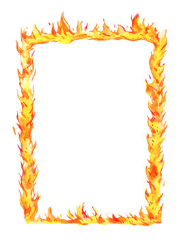 Rectangular frame with fire flames. Hand drawn watercolor sketch illustration. Isolated on white background