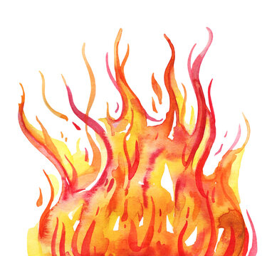 Watercolor campfire on the bottom of the page. Hand drawn watercolor sketch illustration. Isolated on white background