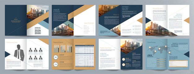 Corporate business presentation guide brochure template, Annual report, 16 page minimalist flat geometric business brochure design template, A4 size. - obrazy, fototapety, plakaty