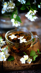Obraz na płótnie Canvas Selective focus. Fresh jasmine tea in a cup with jasmine flowers.