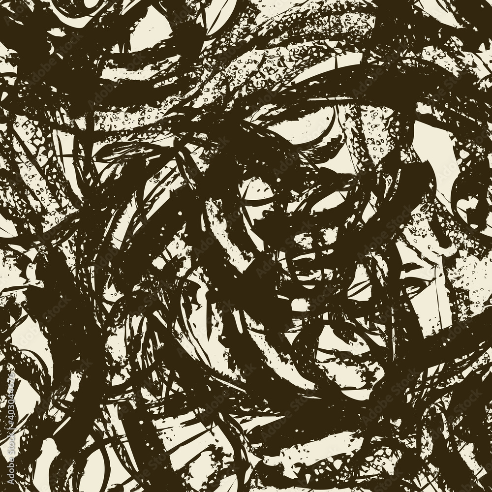 Poster abstract seamless pattern with dark brown scribbles, strokes and spots on a light backdrop in a grun