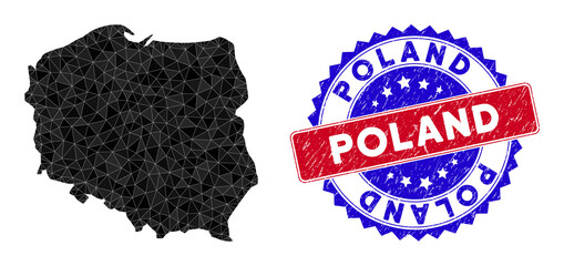 Poland map polygonal mesh with filled triangles, and distress bicolor watermark. Triangle mosaic Poland map with mesh vector model, triangles have variable sizes, and positions, and color tinges.