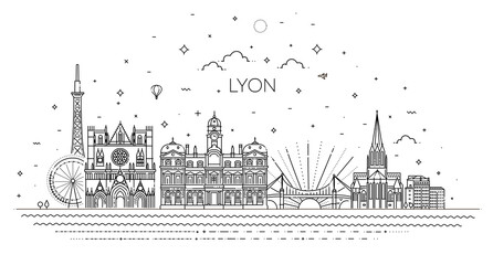 Lyon skyline with panorama in white background - obrazy, fototapety, plakaty
