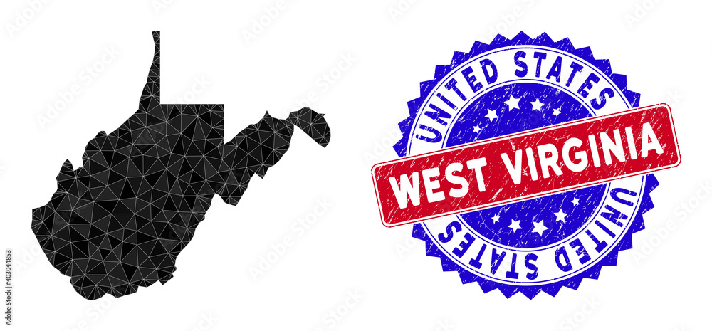Poster west virginia state map polygonal mesh with filled triangles, and distress bicolor watermark. triang