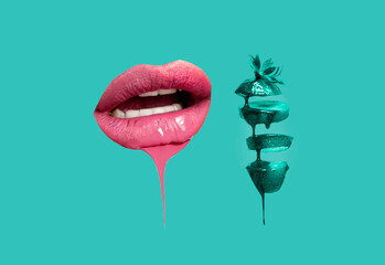 Contemporary art collage, mouth watering delicious sliced strawberries and lips with pink lipstick