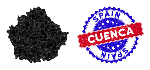 Cuenca Province map polygonal mesh with filled triangles, and rough bicolor stamp seal. Triangle mosaic Cuenca Province map with mesh vector model, triangles have randomized sizes, and positions,