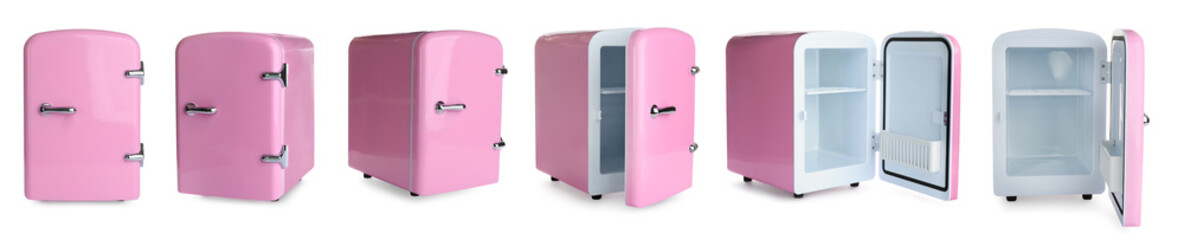 Set with mini refrigerators for cosmetics on white background, banner design