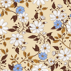  .Ornate seamless pattern with cosmela flowers..Vintage vector illustration with engraved elements..