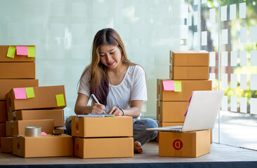 Portrait of Starting small businesses SME owners female entrepreneurs working, box and check online...