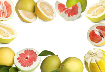 Frame of fresh exotic pomelo fruits on white background, space for text