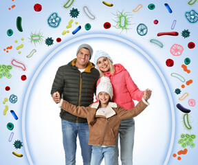 Strong immunity - healthy family. Happy parents with children protected from viruses and bacteria, illustration - obrazy, fototapety, plakaty