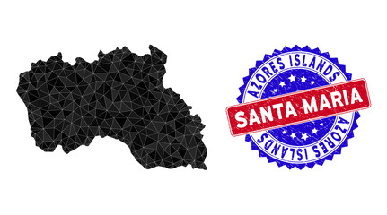 Santa Maria Island map polygonal mesh with filled triangles, and scratched bicolor rubber seal. Triangle mosaic Santa Maria Island map with mesh vector model, triangles have variable sizes,