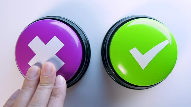 Doubtful woman choosing between tick or cross symbol buttons. Press x or check mark. Conducting survey, test. Voting for or against smth. Giving wrong or right answer, review, feedback. Hard decision.